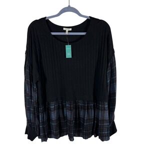 Maurices Womens XXL Black Ribbed Plaid Mixed Media Babydoll Top NWT Grunge